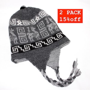 2 PACK SALE 25% Off* Bolivian Peruvian Alpaca Yarn REVERSIBLE (2 colors & 2 designs in 1 hat) Hat Chullo Cap Light and Warm w Andean Designs