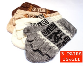 3 PAIRS May. SALE 25% OFF* Alpaca wool Gloves, Convertible Mittens, Fingerless Gloves, Light and Warm in Natural Colors with Andean Designs