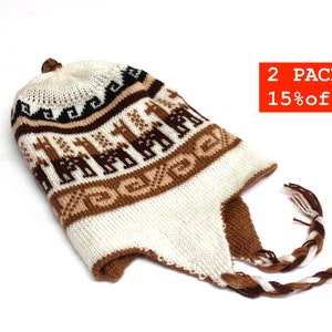 2 PACK SALE 25% Off* Bolivian Peruvian Alpaca Yarn REVERSIBLE (2 colors & 2 designs in 1 hat) Hat Chullo Cap Light and Warm w Andean Designs