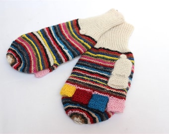 SALE 25% OFF* Pure Alpaca Hand Knitted Colorful wool Gloves, Convertible Mittens, Fingerless Gloves, Light and Warm