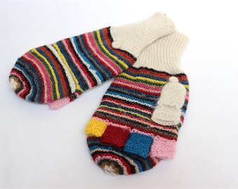 Apr. SALE 25% OFF* Pure Alpaca Hand Knitted Colorful wool Gloves, Convertible Mittens, Fingerless Gloves, Light and Warm