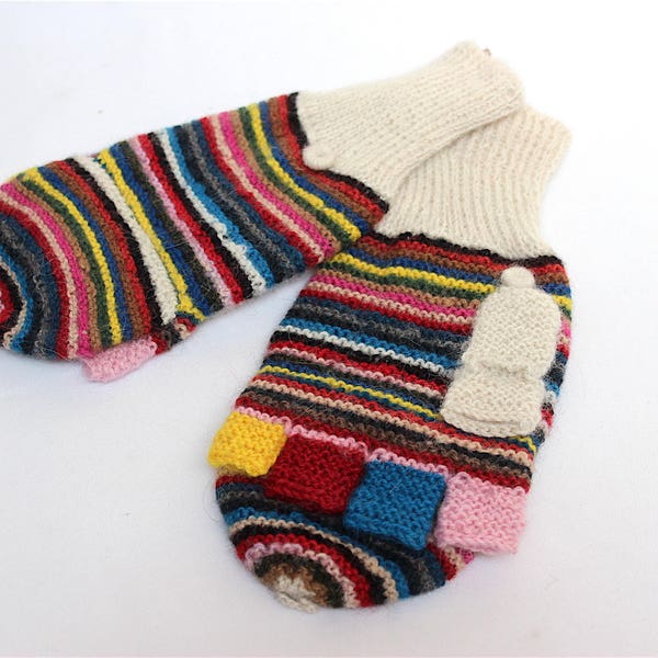 SALE 25% OFF* Pure Alpaca Hand Knitted Colorful wool Gloves, Convertible Mittens, Fingerless Gloves, Light and Warm