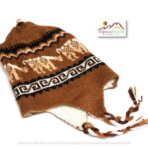 SALE 25% Off* Bolivian Peruvian Alpaca Yarn REVERSIBLE (2 colors & 2 designs in 1 hat) Hat Chullo Cap Light and Warm w Andean Designs