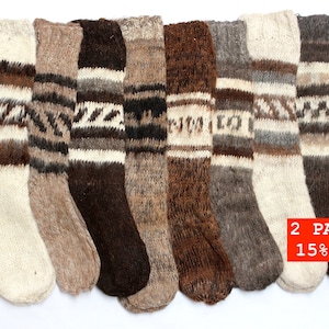 2 PAIRS SALE 25% OFF* Hand Knitted Bolivian Peruvian Alpaca Yarn Rustic Long Socks Warm in Natural Colors with Ethnic Andean Designs
