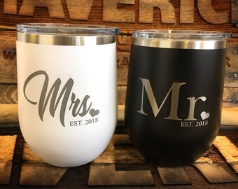 Set of 2 - Wine Glass Insulated &quot;MR. & Mrs.&quot;  Travel Mug l Wine Wedding Gift l Laser Engraved l Powder Coated  / RTIC / YETI