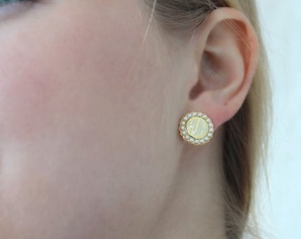 Monogram Stud Earrings, Monogram Pearl Studs, Monogram Gold Earrings