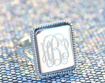 Monogram Sterling Silver Rings, Monogram Rectangle Rings, Sterling Silver Monogram Rings