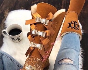 monogram boots, monogram bow boots, monogram ugg look a like boots, monogram tall boots, monogram fur boots