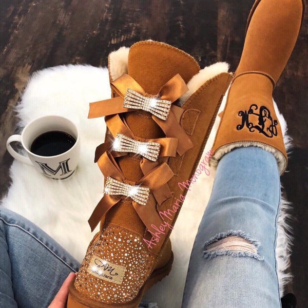 monogram boots, monogram bow boots, monogram ugg look a like boots, monogram tall boots, monogram fur boots