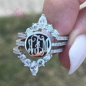 Monogram Ring, Monogram Cubic Zirconia Ring, Monogram Stackable Ring, Monogram Sterling Silver Ring