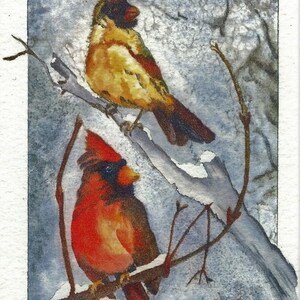 Pair of Cardinals - Watercolor - Note Card 5 x 7 All Occasion - Individually Customized Matting - Quantity Discount