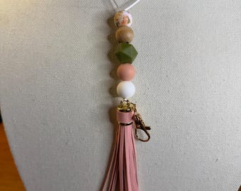 Pink Tassel Lanyard Necklace, Silicone Bead Lanyard, Floral Bead Key Holder, Teacher Lanyard, Stylish ID Holder, Gift for Her