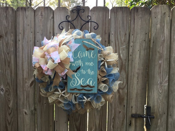Beach Wreath For Front Door Beach Wreath Coastal Wreath Summer Wreath For Front Door Beach Burlap Jute Mesh Wreath For Front Door