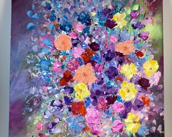 Impressionist Flower Painting: Colorful Floral Acrylic on Canvas (20x16 inch)