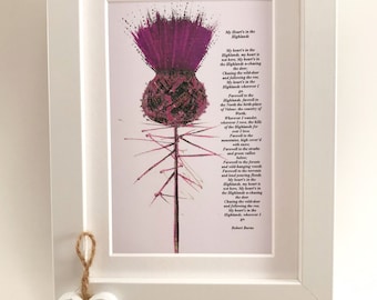 Scottish Thistle Poem Art Print: Robert Burns 'My Heart's in the Highlands' in picture frame