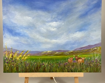 Scottish landscape acrylic painting on canvas board, Highland Cow painting, Scottish landscape wall art, Scottish art, Scottish gift