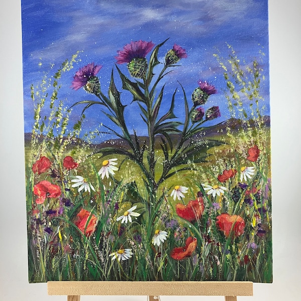 Scottish Thistle and wildflowers acrylic painting on canvas board, Scottish art, Scottish Thistle painting, Scottish Thistle and daisies