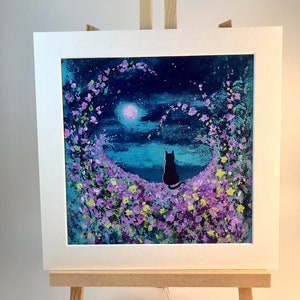 Black Cat Moon Art Print: Whimsical Acrylic Painting