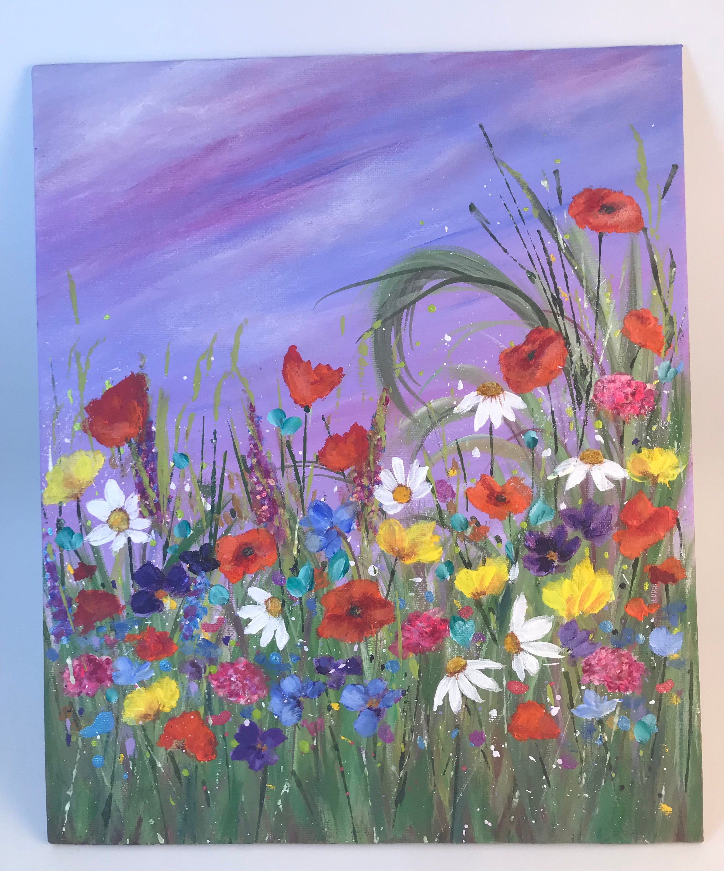 Wildflower Acrylic Painting: Lilac Sky Floral Canvas Art