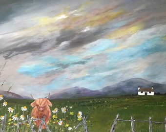 Highland Cow art print, Scottish art print, Scottish landscape wall art, Highland Cow wall art, Highland Cow painting, Scottish painting