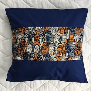 Ankara African Masks Navy Blue and Orange Decorative Throw Pillow