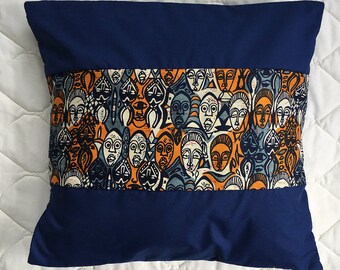 Ankara African Masks Navy Blue and Orange Decorative Throw Pillow