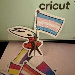 May include: A collection of stickers featuring various LGBTQ+ pride flags. One sticker depicts a character holding a transgender pride flag. The word "cricut" is visible in the background. Other flags include the non-binary, pansexual, lesbian, and bisexual flags.