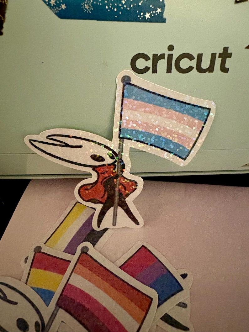 May include: A collection of stickers featuring various LGBTQ+ pride flags. One sticker depicts a character holding a transgender pride flag. The word "cricut" is visible in the background. Other flags include the non-binary, pansexual, lesbian, and bisexual flags.
