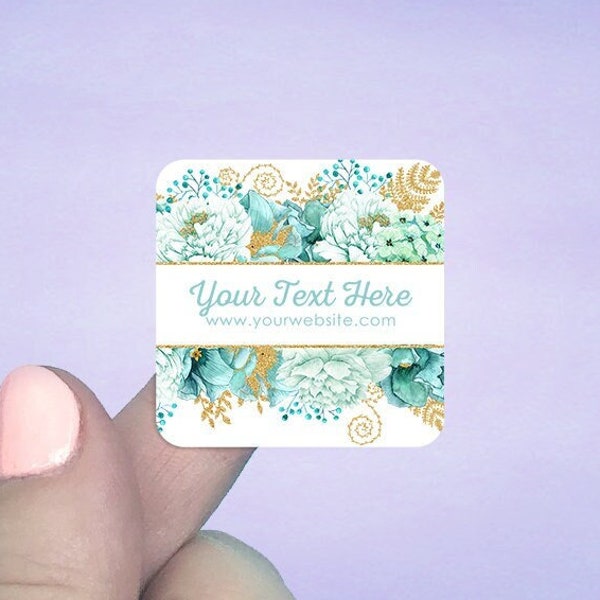 Turquoise & Gold Floral Custom Stickers, Square Stickers, Personalized Stickers, Wedding Favors, Packaging Stickers, D00069-14