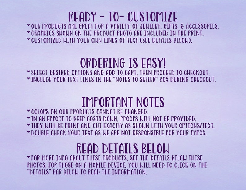 May include: Purple background with white text outlining the process for customizing and ordering products. The text includes "Ready-to-Customize", "Ordering is Easy!" and "Important Notes".