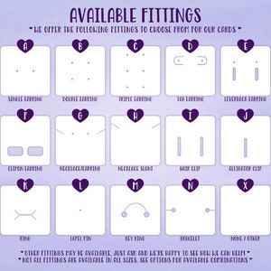 May include: A chart showing different earring and jewelry fittings, including single earring, double earring, triple earring, tab earring, leverback earring, clipon earring, necklace/earring, necklace slant, hair clip, alligator clip, ring, lapel pin, key ring, bracelet, and none/other.