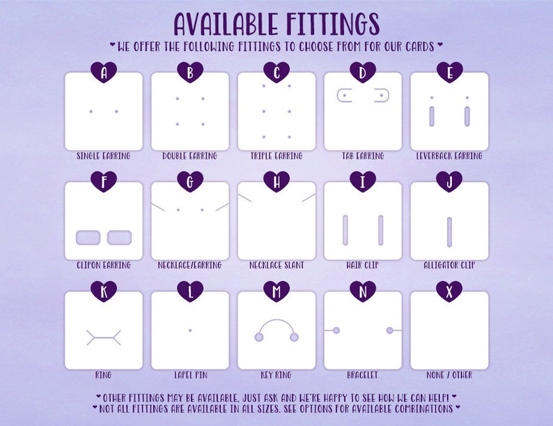 May include: A chart showing different earring and jewelry fittings, including single earring, double earring, triple earring, tab earring, leverback earring, clipon earring, necklace/earring, necklace slant, hair clip, alligator clip, ring, lapel pin, key ring, bracelet, and none/other.