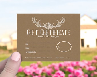 Custom Gift Certificate Cards, 36 pcs, Gift Cards, Boutique Gift Certificates, Gift Certificates, Rose & Antlers, D00099-13