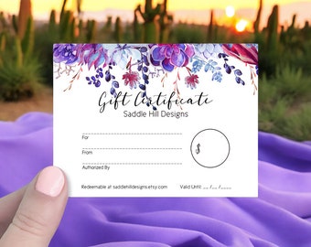 Custom Gift Certificate Cards, 36 pcs, Gift Cards, Boutique Gift Certificates, Gift Certificates, Violet Succulent Design, D00003-13