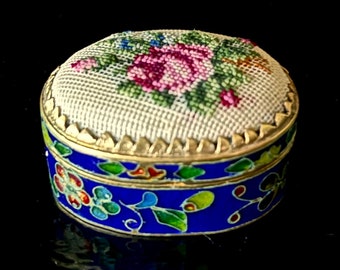 Rose Petit Point and Cloisoneé Enamel Miniature Hinged Oval Pill Box