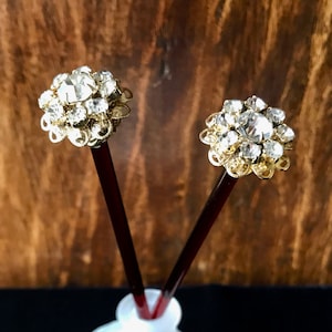 Antique Hair Stick Picks with Rhinestone Flower Tops, Gold Tone and Amber Celluloid 6&quot;/ Bridal Chignon Updo Hair Decorations