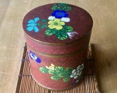 Vintage Chinese Cloisonne Enamel and Brass Floral Cylindrical Box Tea Caddy Trinket Box Desk Accessories