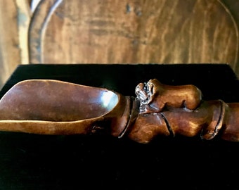 Chinese Carved Wood Coffee Spoon: Bamboo & Lion Figure