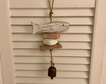 Beach House Door Ornament with Carved Wood Fish, Driftwood, White Rock and Ringing Bell / Wind Chime