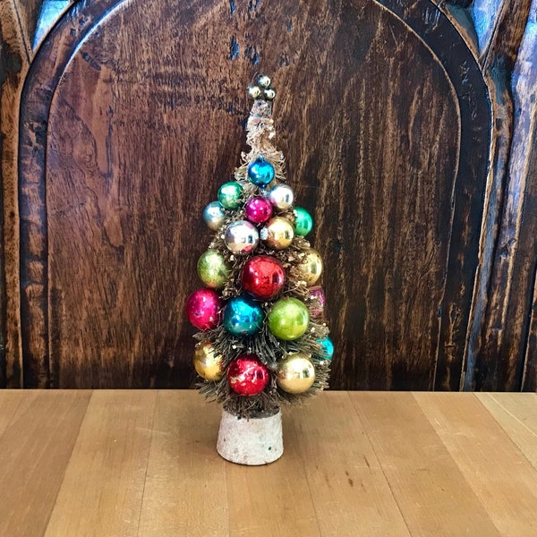 Rare Vintage Shiny Bright Bristle Christmas Tree 9" Ht. with Colorful Mercury Glass Ball Ornaments