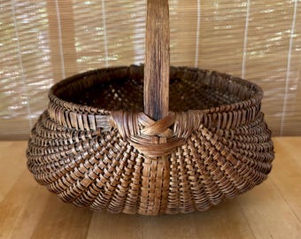 Antique 19th Century Small Woven Splint Reed Buttocks Gathering Basket