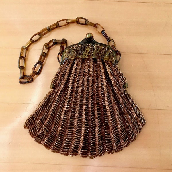Antique 1920's Amber Glass Beaded Flapper Dance Ladies Handbag with Faux Tortoise Shell Celluloid Frame and Chain Handle