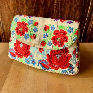 Vintage Japanese Silk Brocade Obi Fabric Clutch Evening Bag with Brightly Colored Roses and Flowers