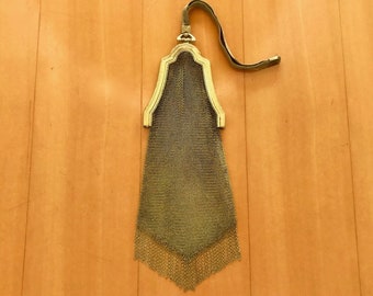 Whiting and Davis 1920's Art Deco Gold Mesh Wristlet Handbag with Fringe