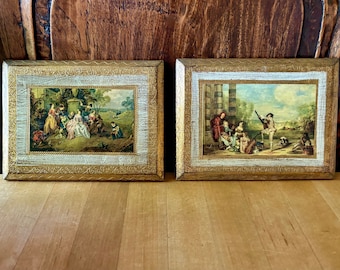 Rare Italian Pair of Florentine Gilt Plaques with French Scenes Signed Made in Italy