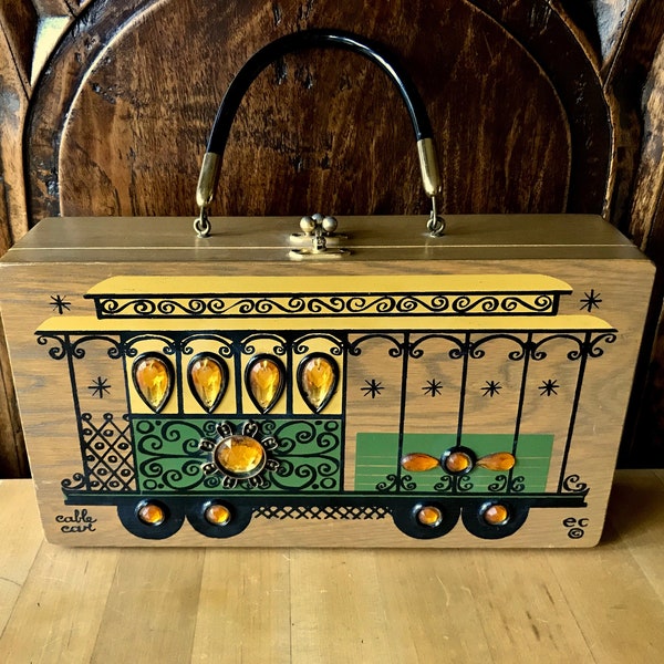 Rare Vintage Enid Collins Cable Car Wood Box Bag 1967 with Original Gold Stones and Signature