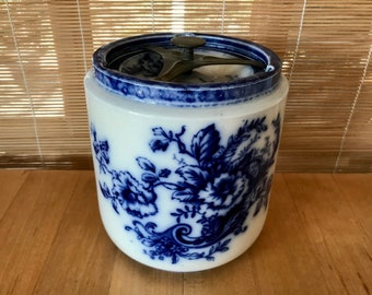 Antique Carlton Ware Pottery Blue & White Hibiscus Pattern Humidor Jar / Flow Blue Decorative Container