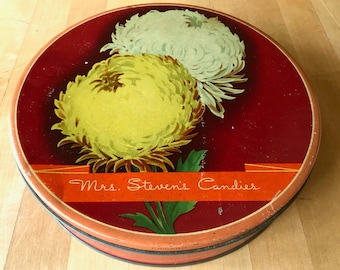 Mrs. Stevens Candies Antique Floral Round Tin Box / Sewing Notions Container
