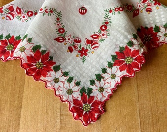 Christmas Poinsettia Vintage Handkerchief / Christmas Bridal Handkerchief