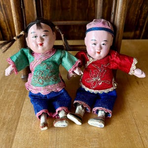 Miniature Antique Chinese Girl and Boy Doll Pair